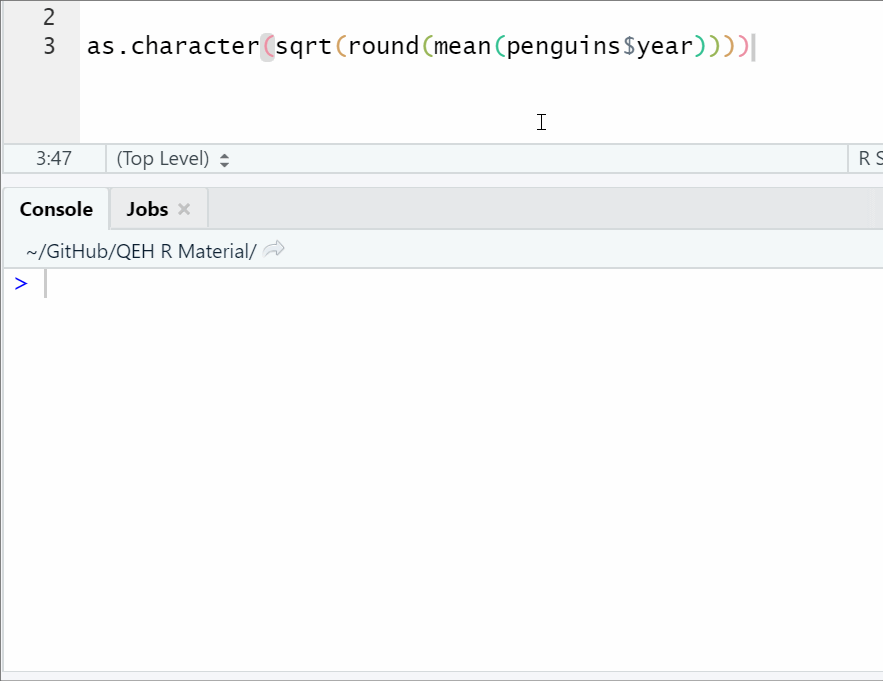 Here, we have just wrapped a few commands together. Checking the progress for each is quite tedious - I need to select the correct brackets for each command to check an intermediate step.