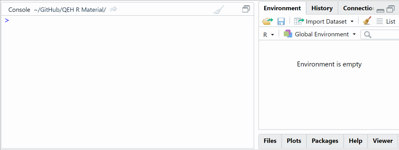 A simple example how to store a value in a variable, check it in the environment panel of RStudio and printing the value of the variable.