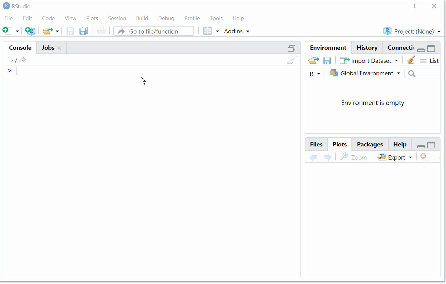 Creating a new R Project - once created, the working directory (above console) and the project (top right) is perfectly configured.